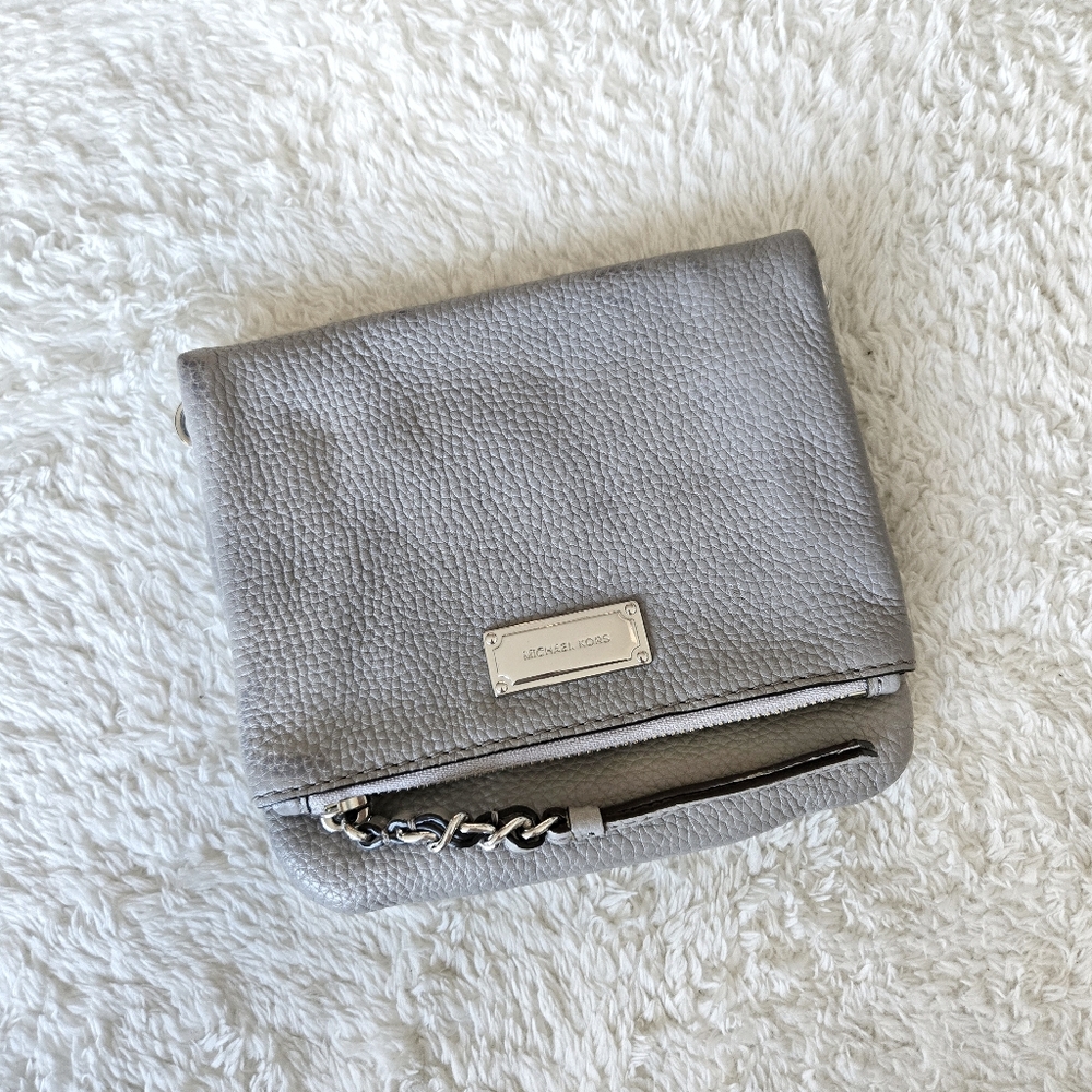 MICHAEL KORS Grey Corinne Small Pebbled Leather Messenger Flap Crossbody Bag